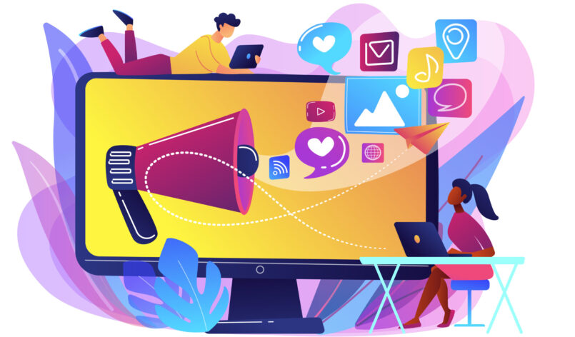 Marketing specialists and computer with megaphone and social media icons. Social media marketing, social networking, internet marketing concept. Bright vibrant violet vector isolated illustration